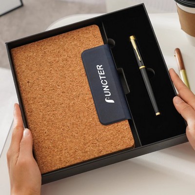 A5 PU Magnetic Closure Buckle Cork Cover Journal Notebook Set