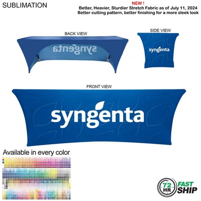 48 Hr Quick Ship - Sublimated Stretch Curved Fit Table Throw for 8' table, 3 sided, Open Back