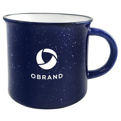 Campfire 16oz cobalt/white mug with black distress trim white speckles in Ripple gift box