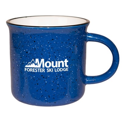 Fireside 16oz speckled blue/white mug with black trim in a Ripple gift box