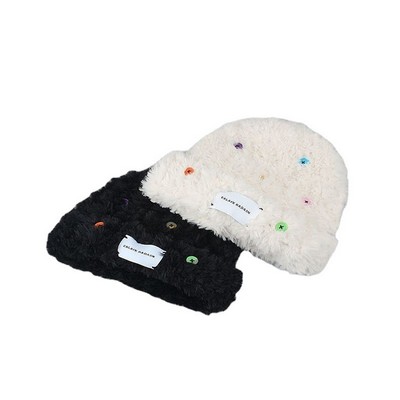 Furry Beanie With Button Decor