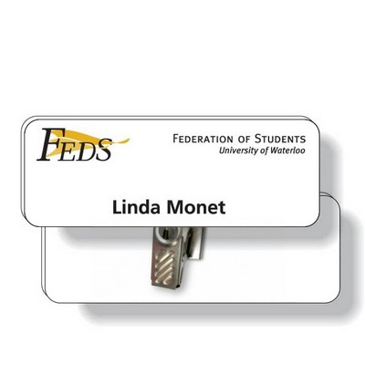 .060 White Plastic Badge with Bulldog Clip / rectangle (1.25" x 3.25") 4CP