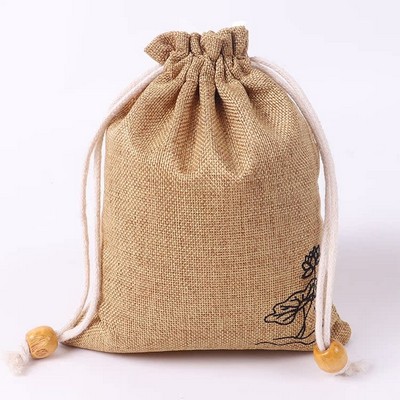 Burlap Drawstring Pouch With Wooden Beads Decor