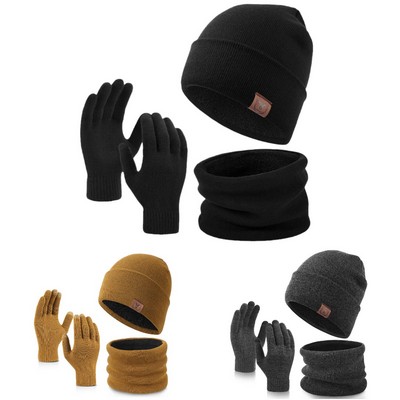 Unisex Knit Cuffed Beanie Hat Scarf Gloves Set